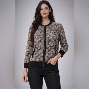 Lucky Brand Geo Knit Full Zip Sweater Bomber Black Beige Ribbed Size S Tribal